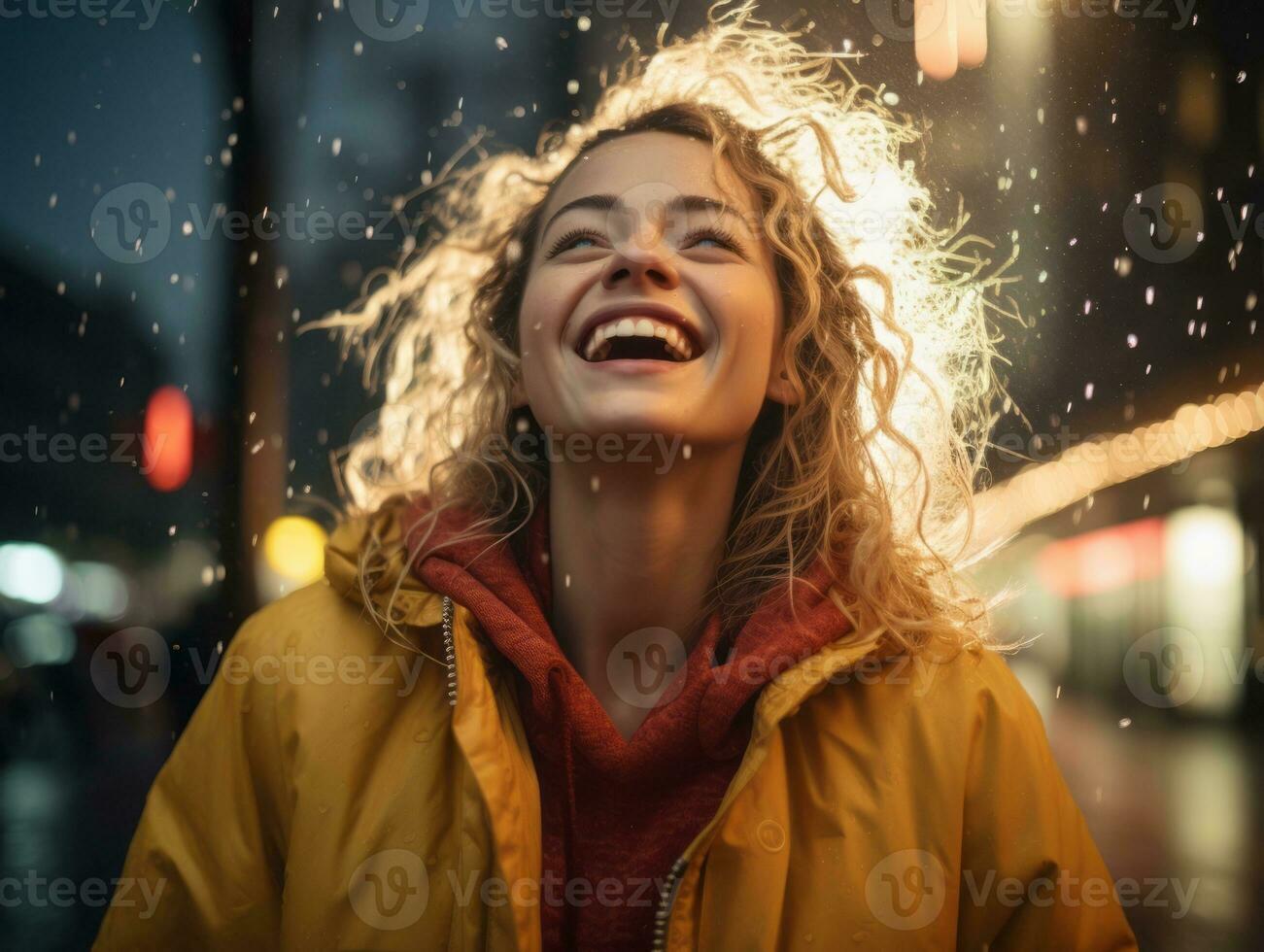 Carefree woman joyfully dances in the refreshing rain AI Generative photo