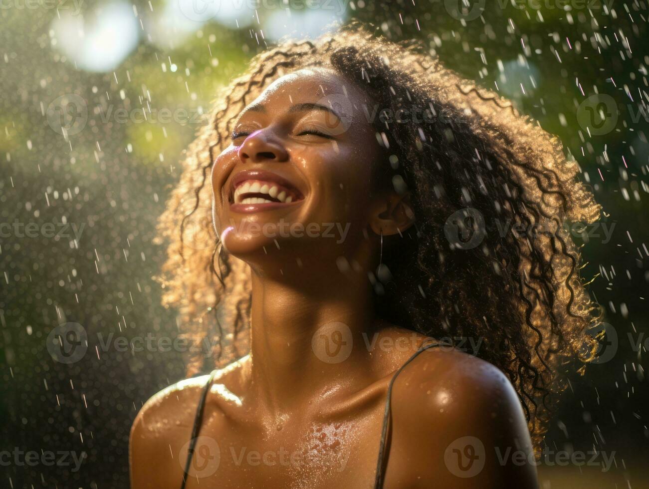Carefree woman joyfully dances in the refreshing rain AI Generative photo