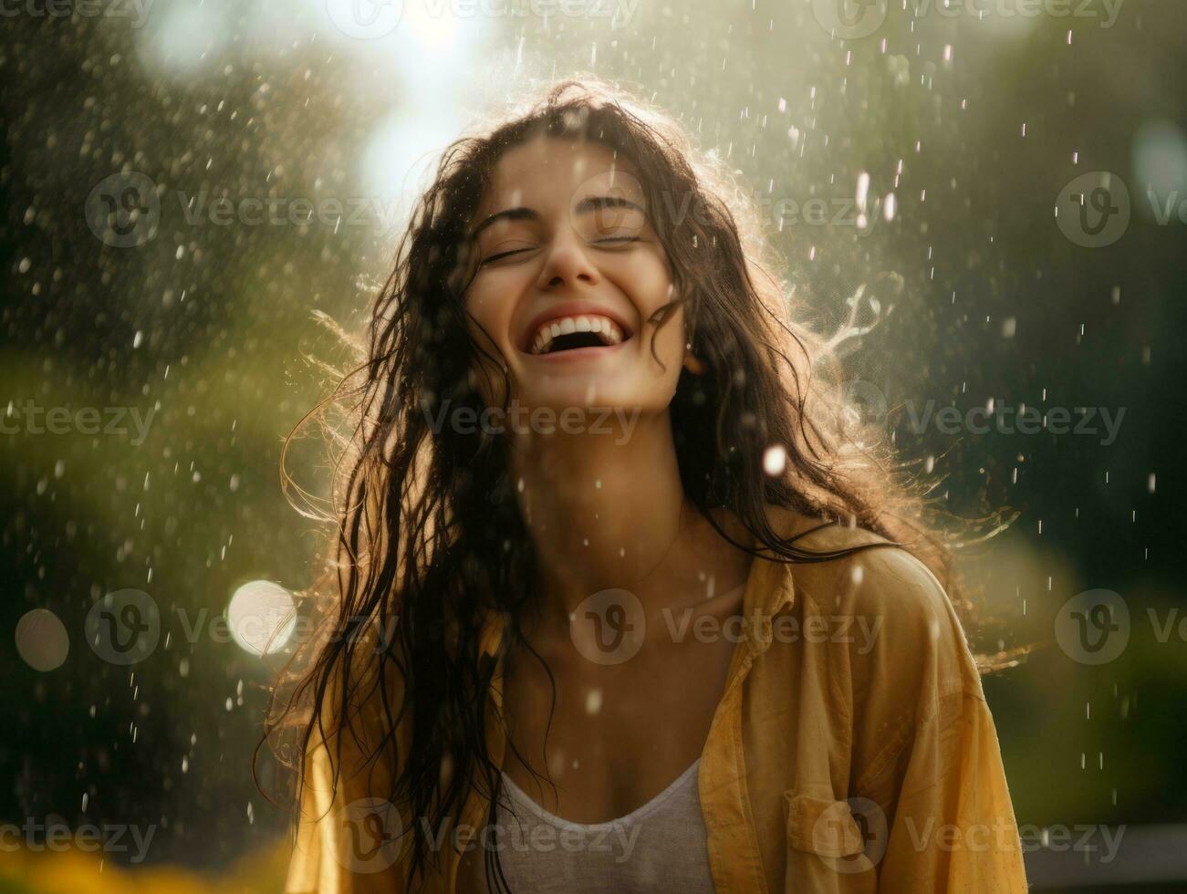 Carefree woman joyfully dances in the refreshing rain AI Generative photo