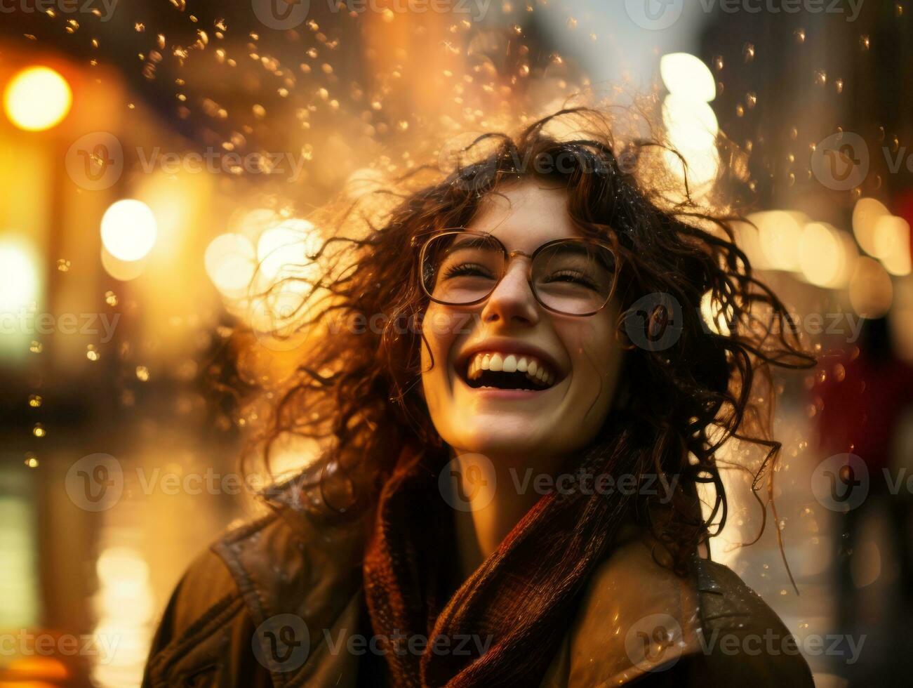 Carefree woman joyfully dances in the refreshing rain AI Generative photo