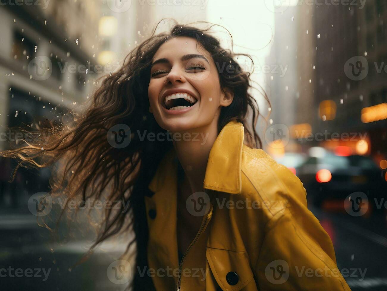 Carefree woman joyfully dances in the refreshing rain AI Generative photo