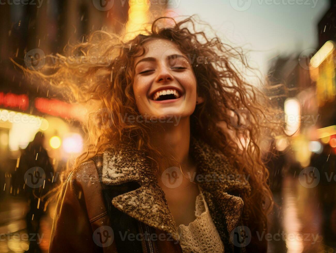 Carefree woman joyfully dances in the refreshing rain AI Generative photo