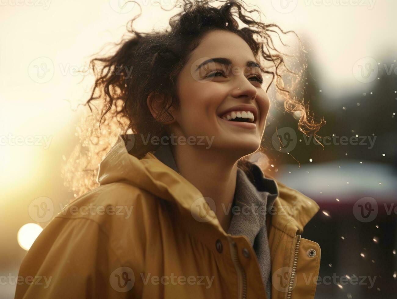 Carefree woman joyfully dances in the refreshing rain AI Generative photo