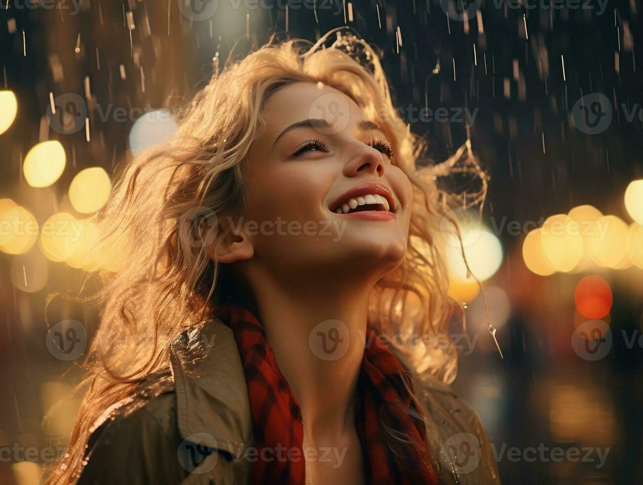 Carefree woman joyfully dances in the refreshing rain AI Generative photo