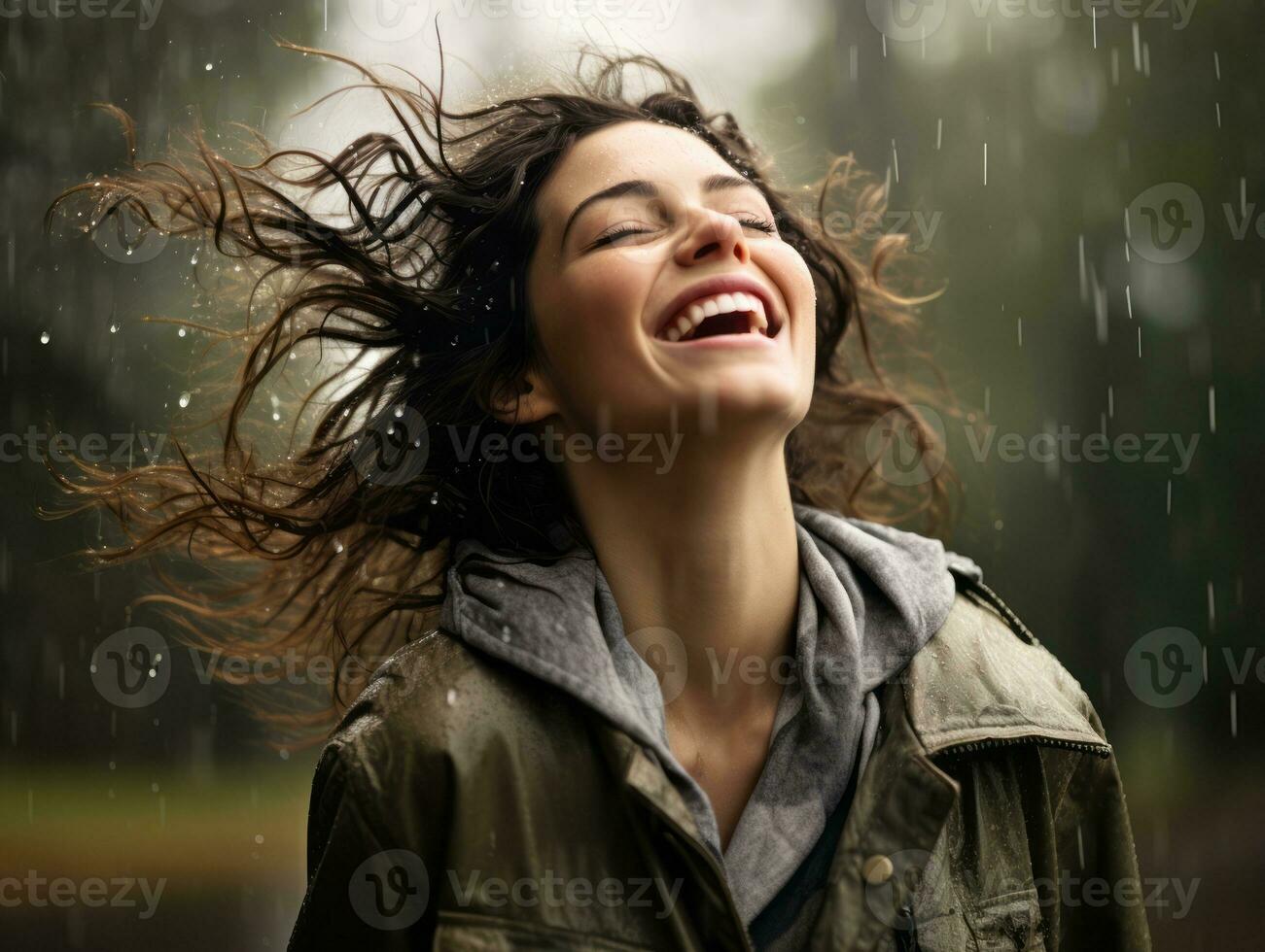 Carefree woman joyfully dances in the refreshing rain AI Generative photo