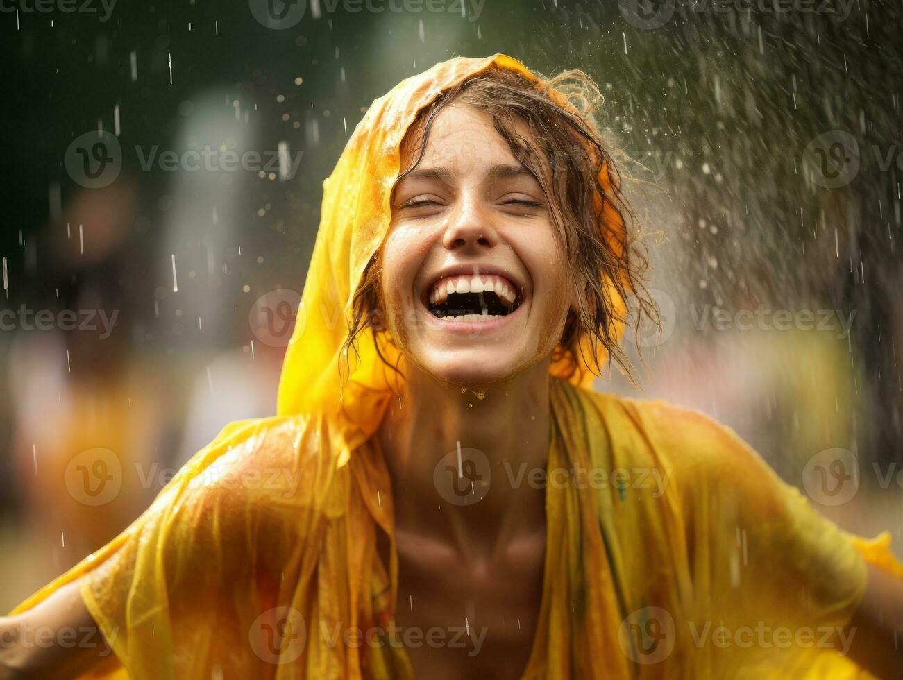 Carefree woman joyfully dances in the refreshing rain AI Generative photo