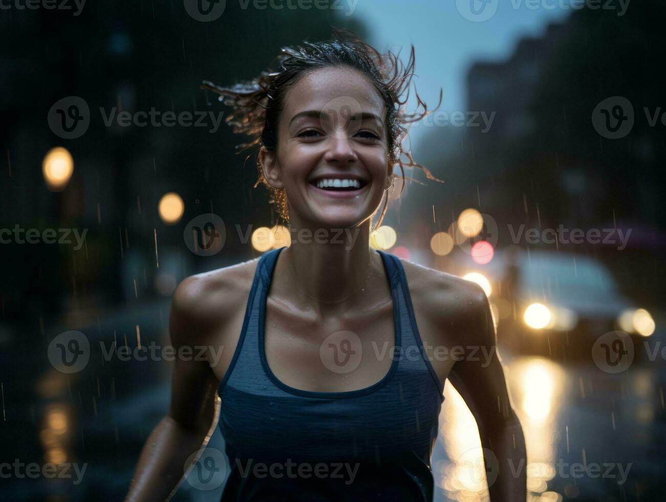 Carefree woman joyfully dances in the refreshing rain AI Generative photo