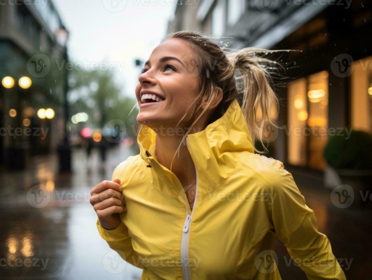 Carefree woman joyfully dances in the refreshing rain AI Generative photo