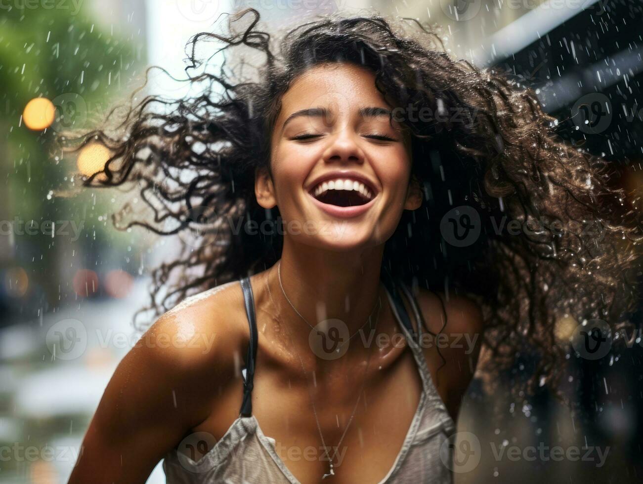 Carefree woman joyfully dances in the refreshing rain AI Generative photo