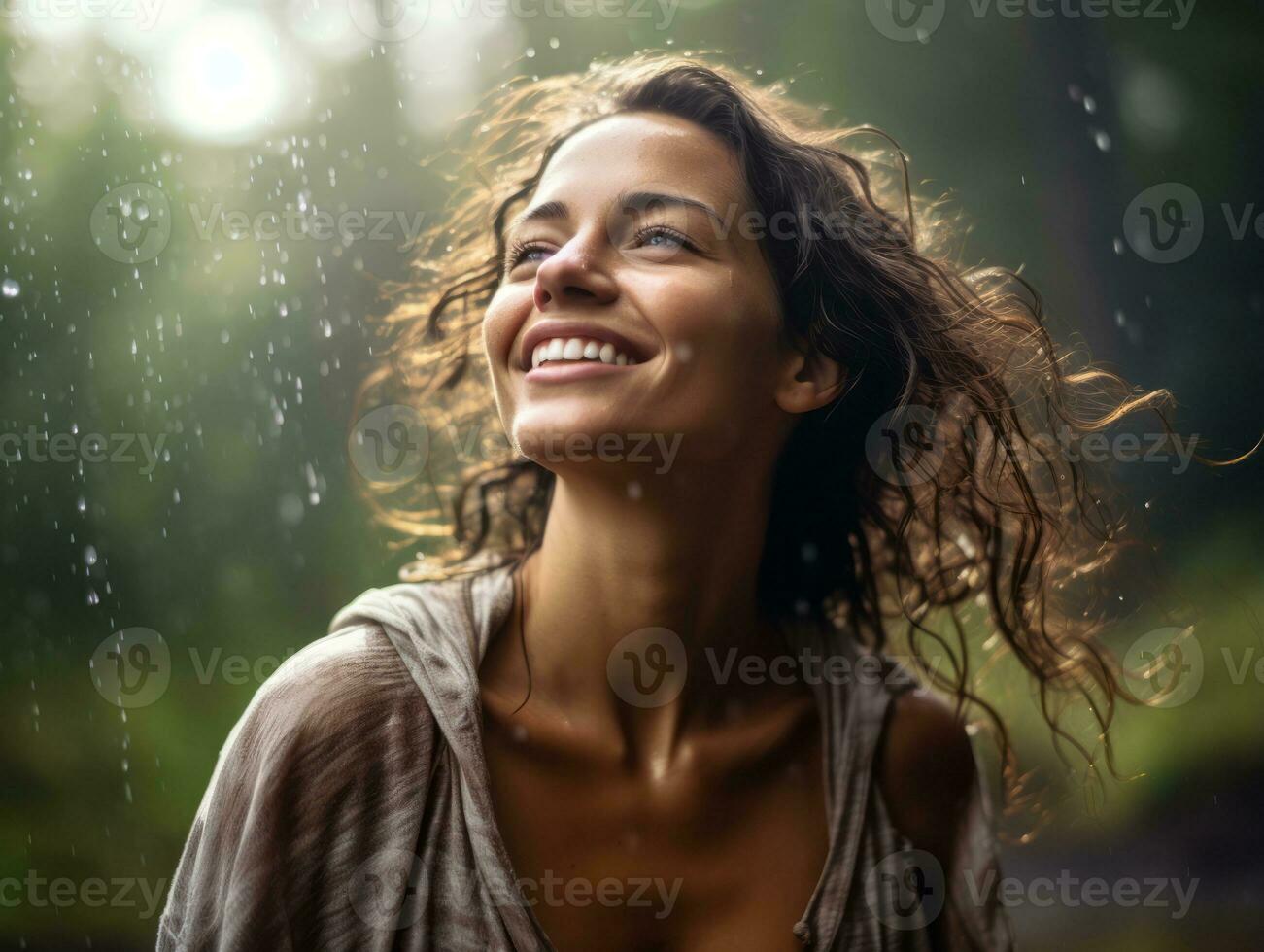 Carefree woman joyfully dances in the refreshing rain AI Generative photo