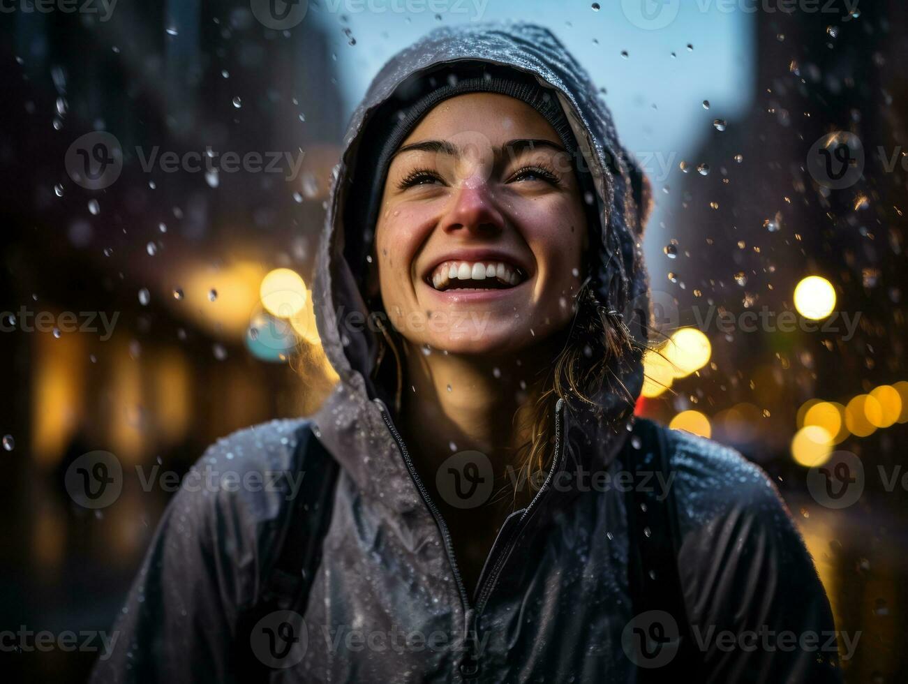 Carefree woman joyfully dances in the refreshing rain AI Generative photo
