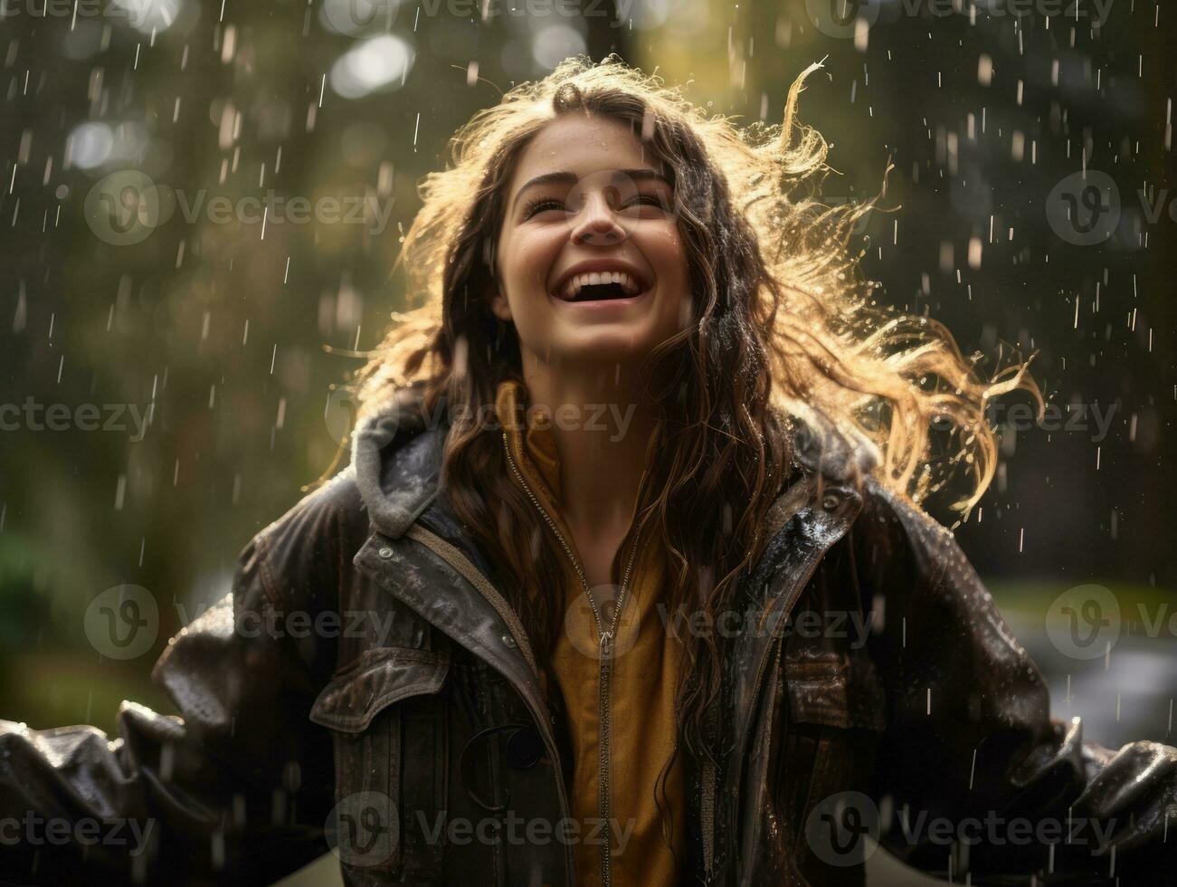 Carefree woman joyfully dances in the refreshing rain AI Generative photo