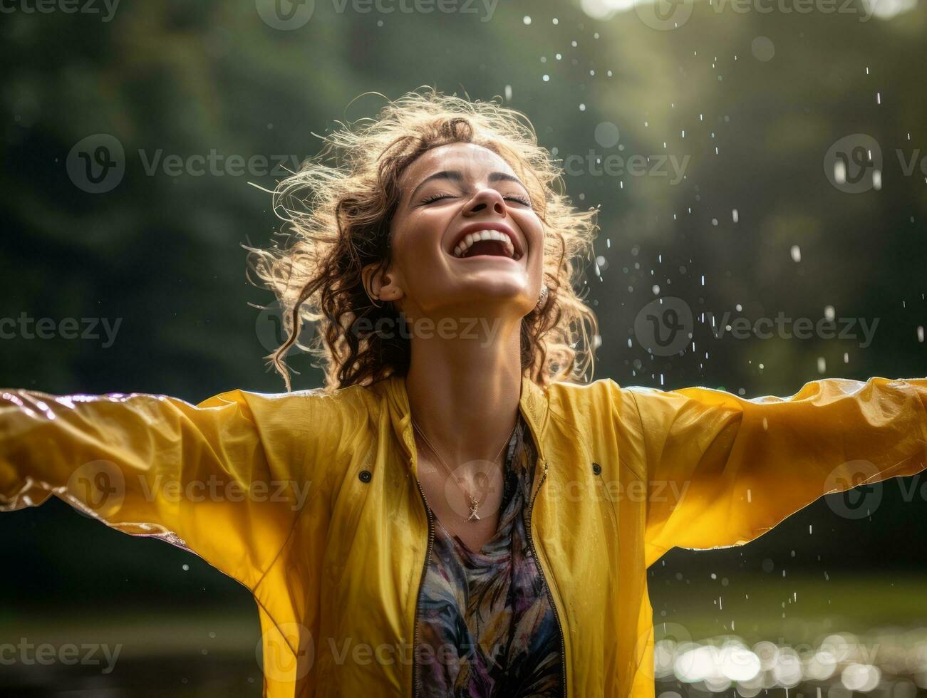 Carefree woman joyfully dances in the refreshing rain AI Generative photo
