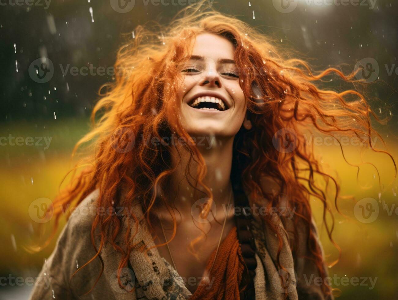 Carefree woman joyfully dances in the refreshing rain AI Generative photo