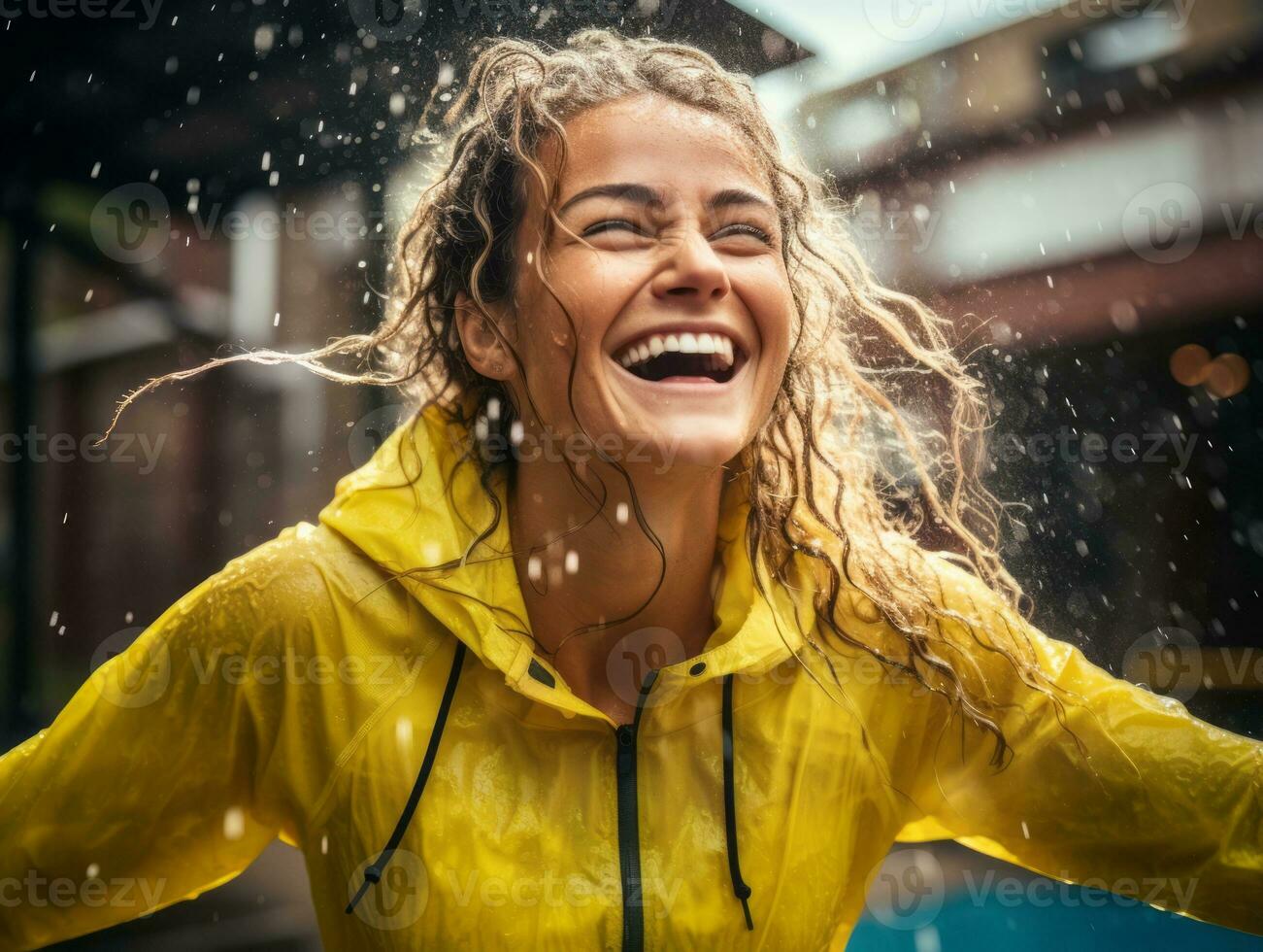 Carefree woman joyfully dances in the refreshing rain AI Generative photo
