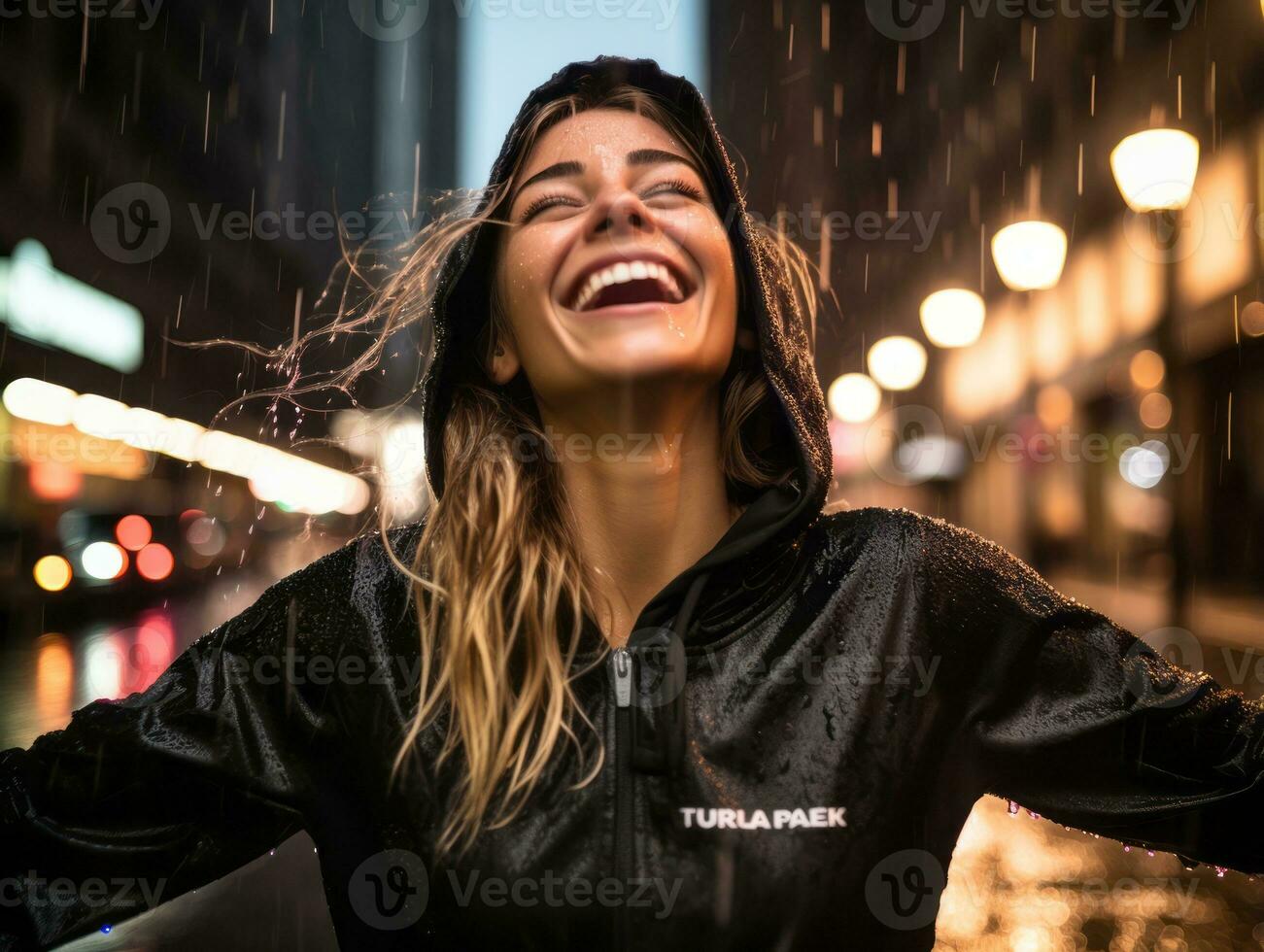 Carefree woman joyfully dances in the refreshing rain AI Generative photo