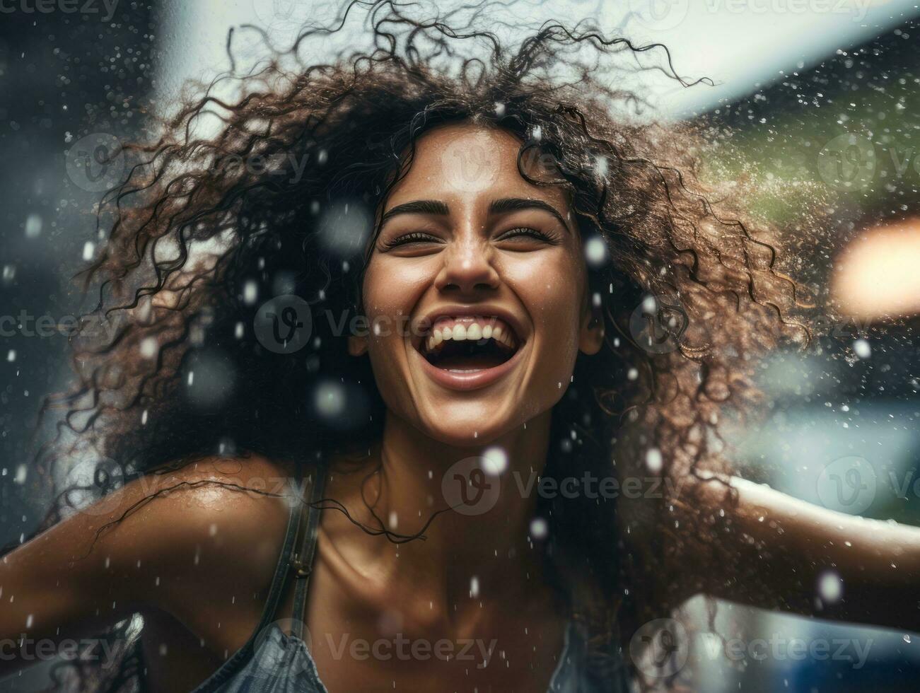 Carefree woman joyfully dances in the refreshing rain AI Generative photo