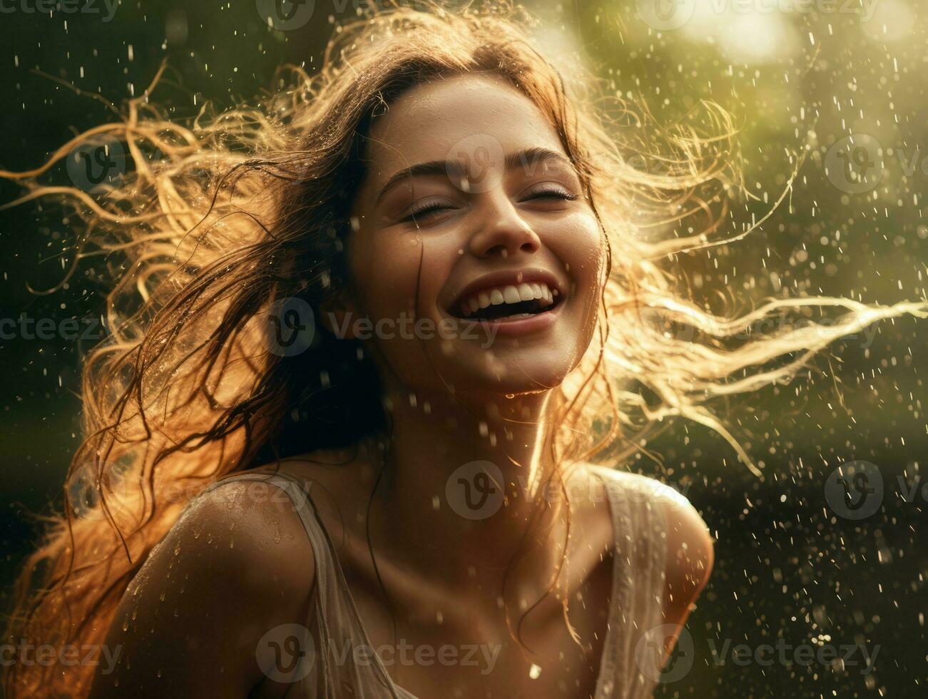 Carefree woman joyfully dances in the refreshing rain AI Generative photo
