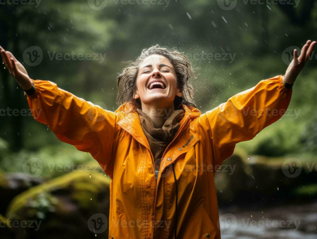 Carefree woman joyfully dances in the refreshing rain AI Generative photo