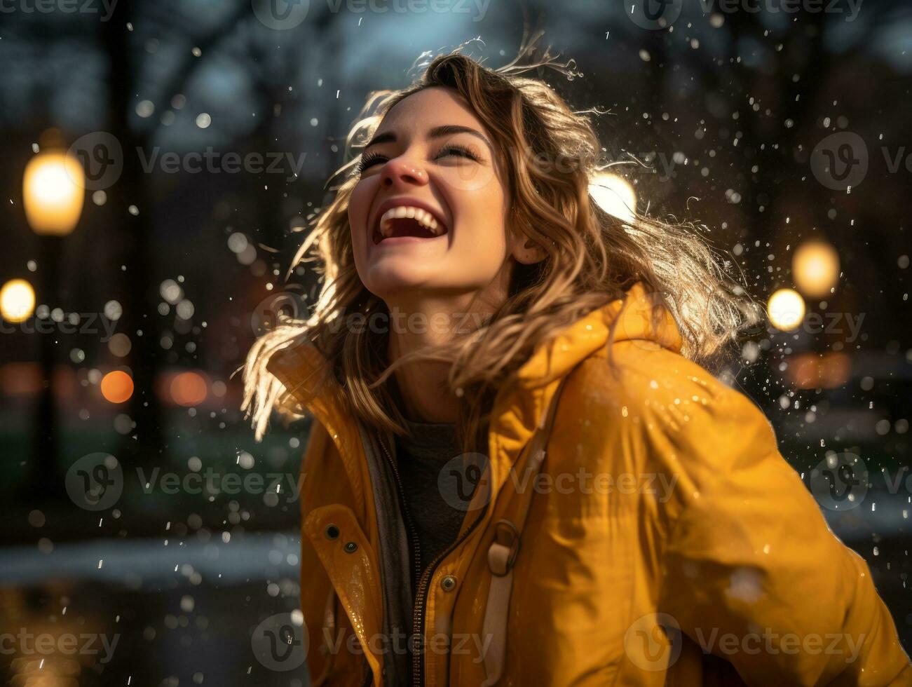 Carefree woman joyfully dances in the refreshing rain AI Generative photo