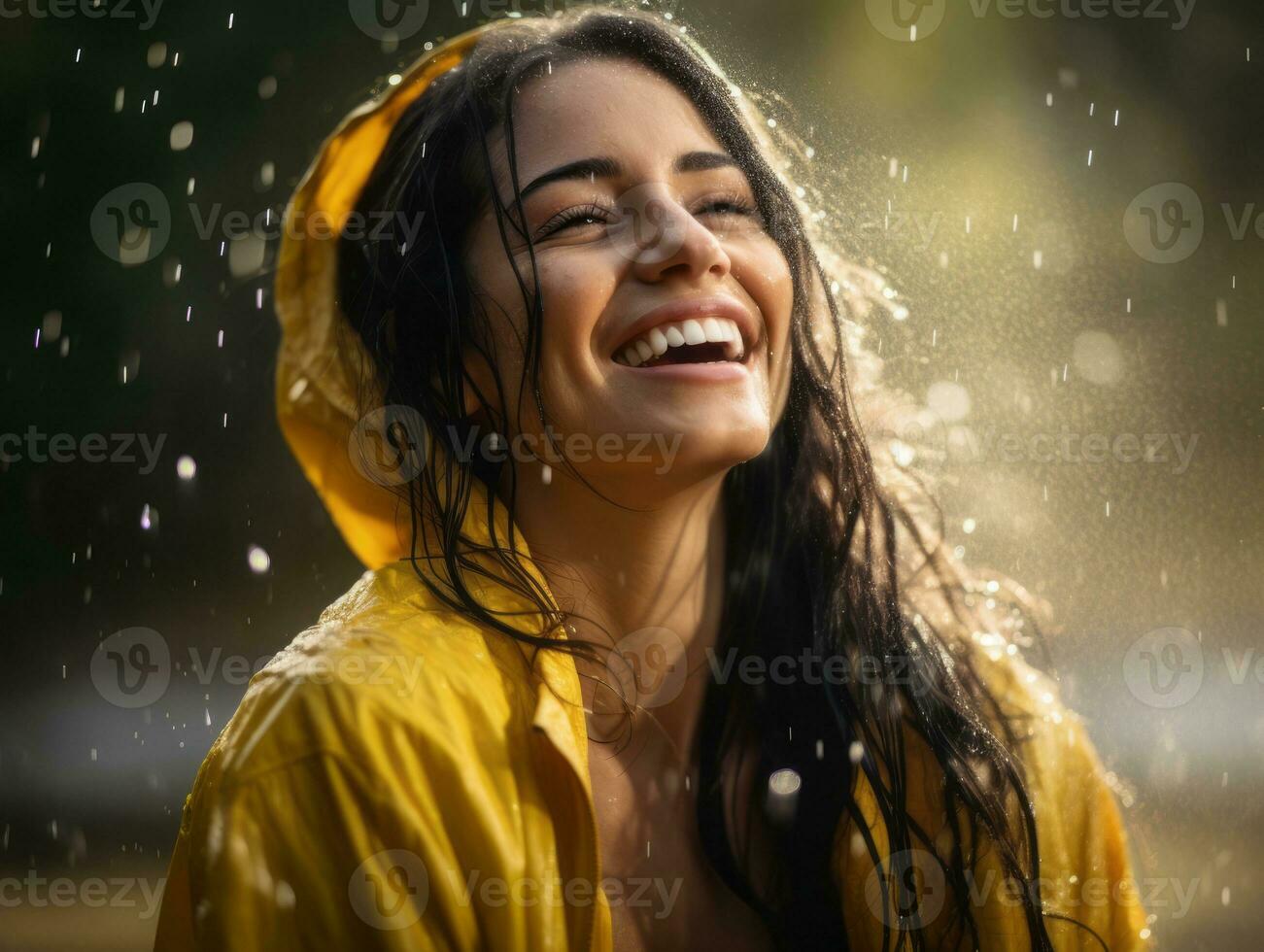 Carefree woman joyfully dances in the refreshing rain AI Generative photo