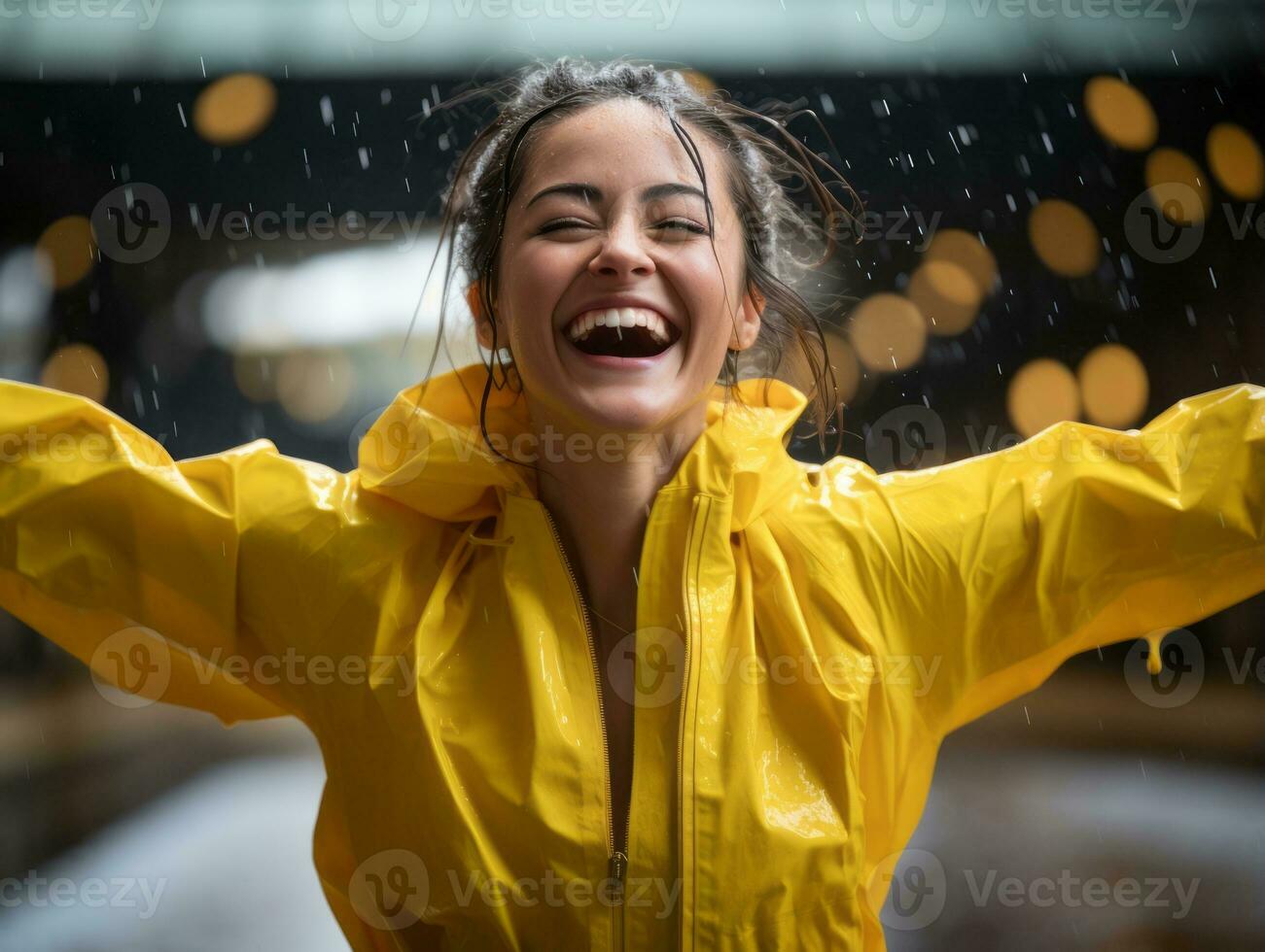 Carefree woman joyfully dances in the refreshing rain AI Generative photo