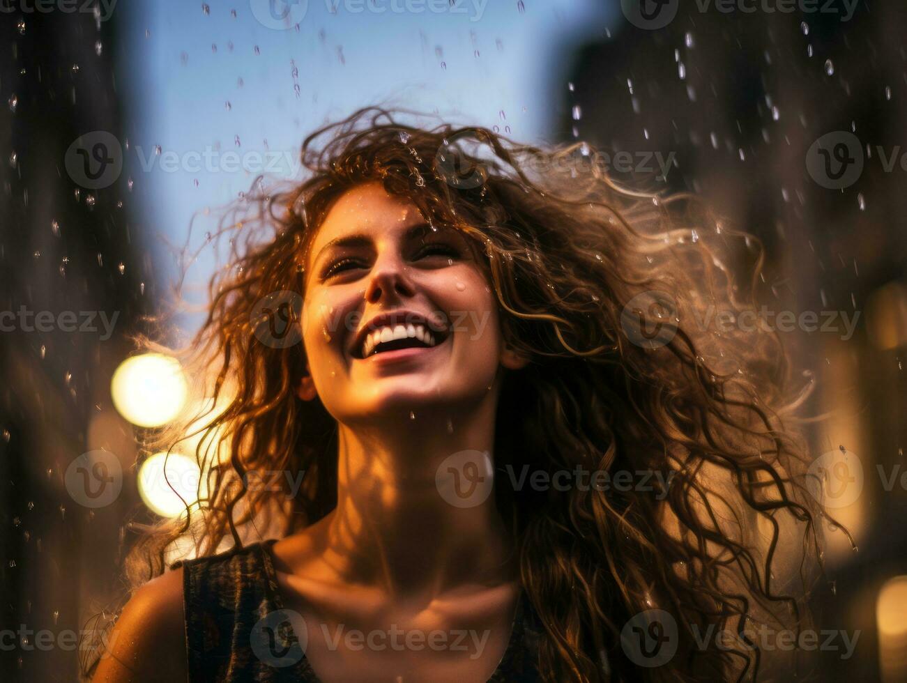 Carefree woman joyfully dances in the refreshing rain AI Generative photo