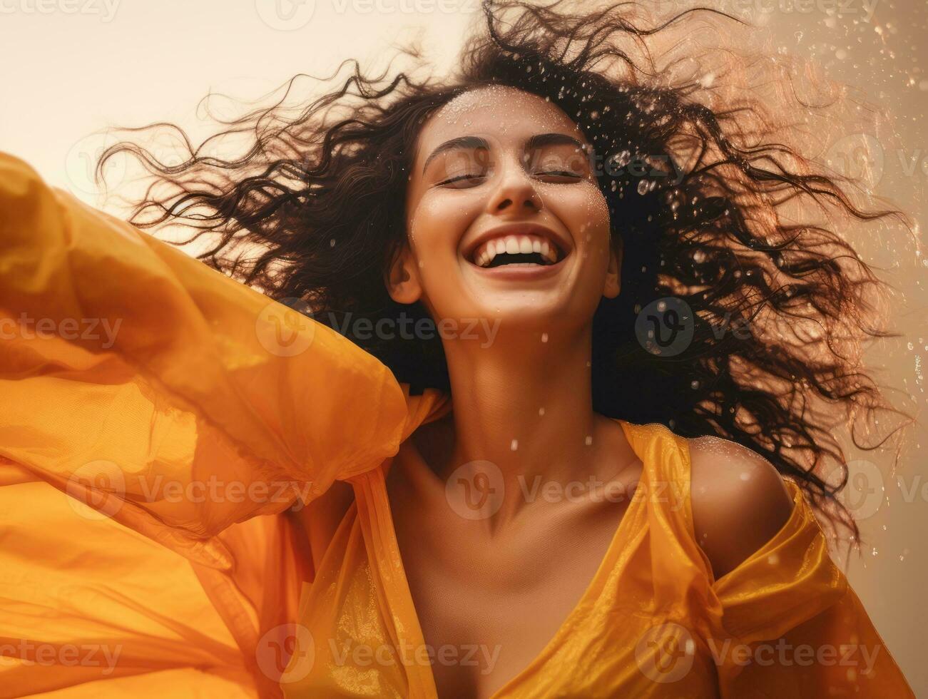 Carefree woman joyfully dances in the refreshing rain AI Generative photo