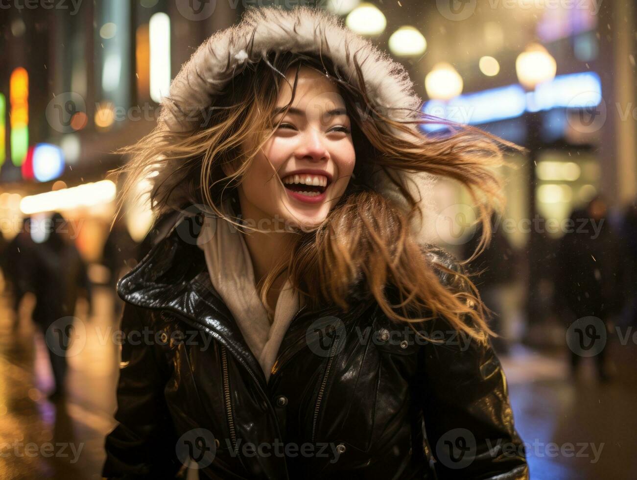 Carefree woman joyfully dances in the refreshing rain AI Generative photo