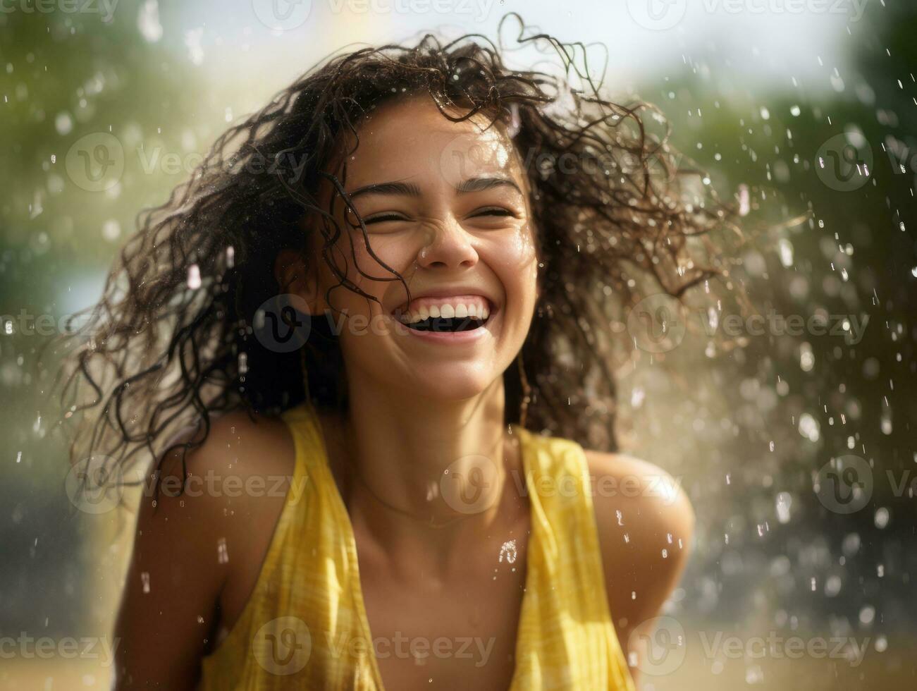 Carefree woman joyfully dances in the refreshing rain AI Generative photo
