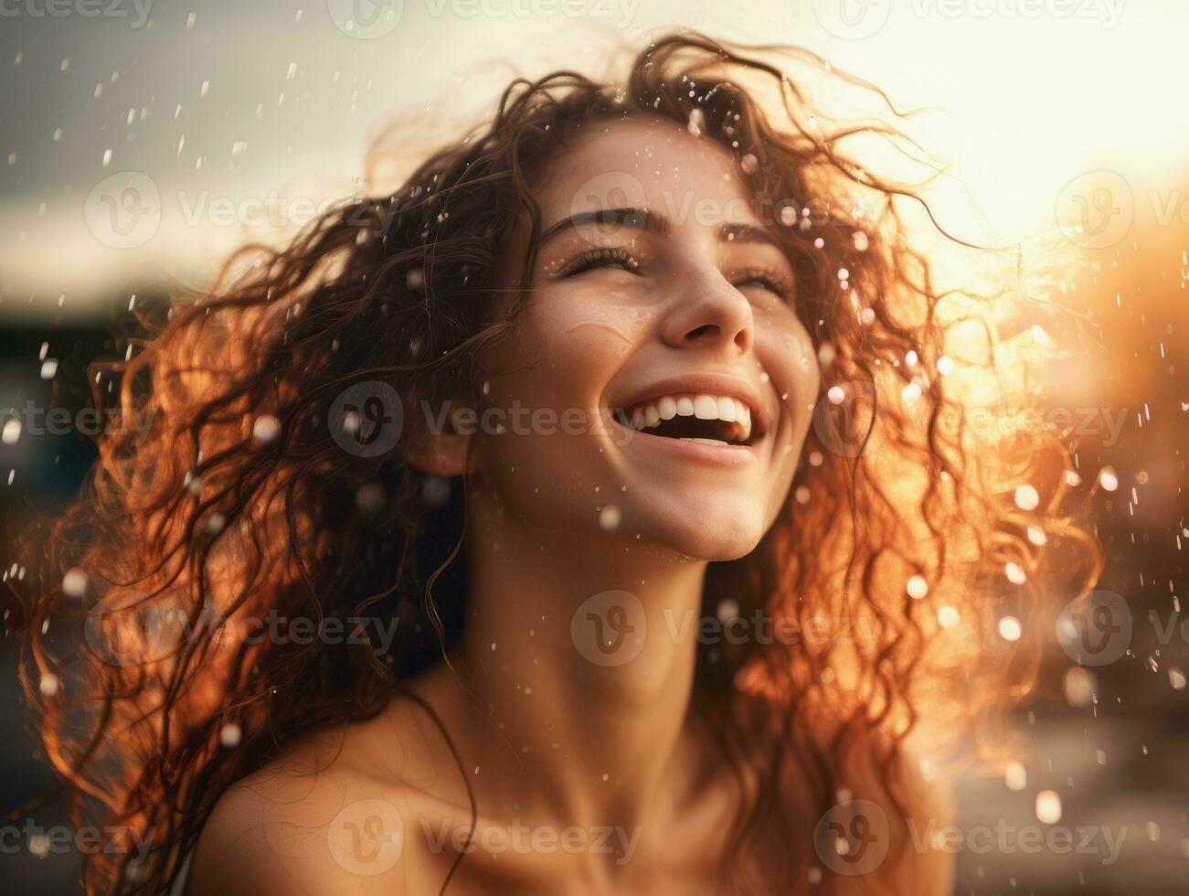 Carefree woman joyfully dances in the refreshing rain AI Generative photo