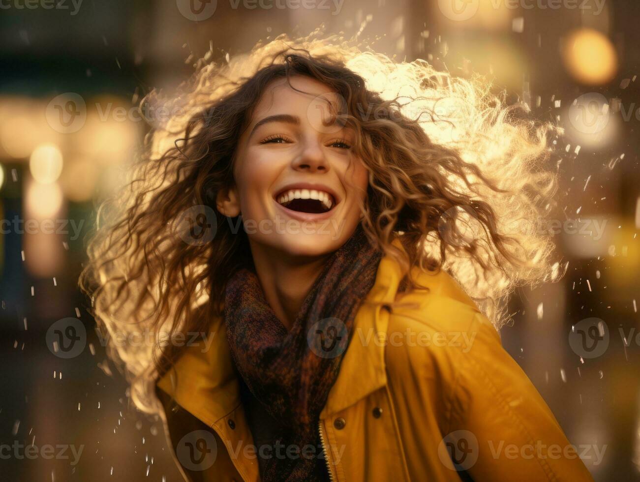 despreocupado mujer alegremente bailes en el refrescante lluvia ai generativo foto