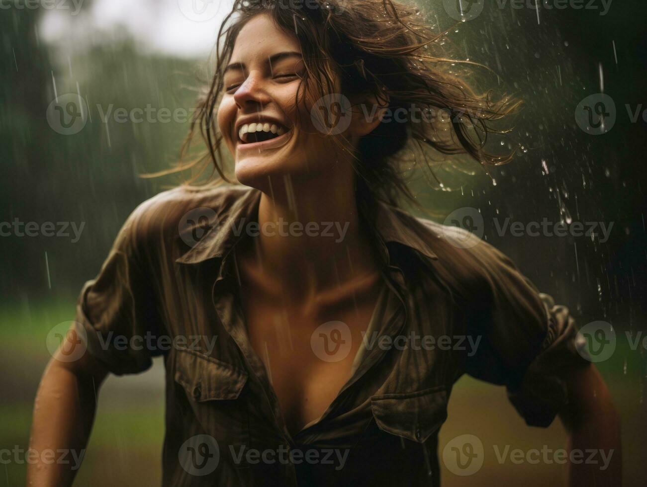 Carefree woman joyfully dances in the refreshing rain AI Generative photo