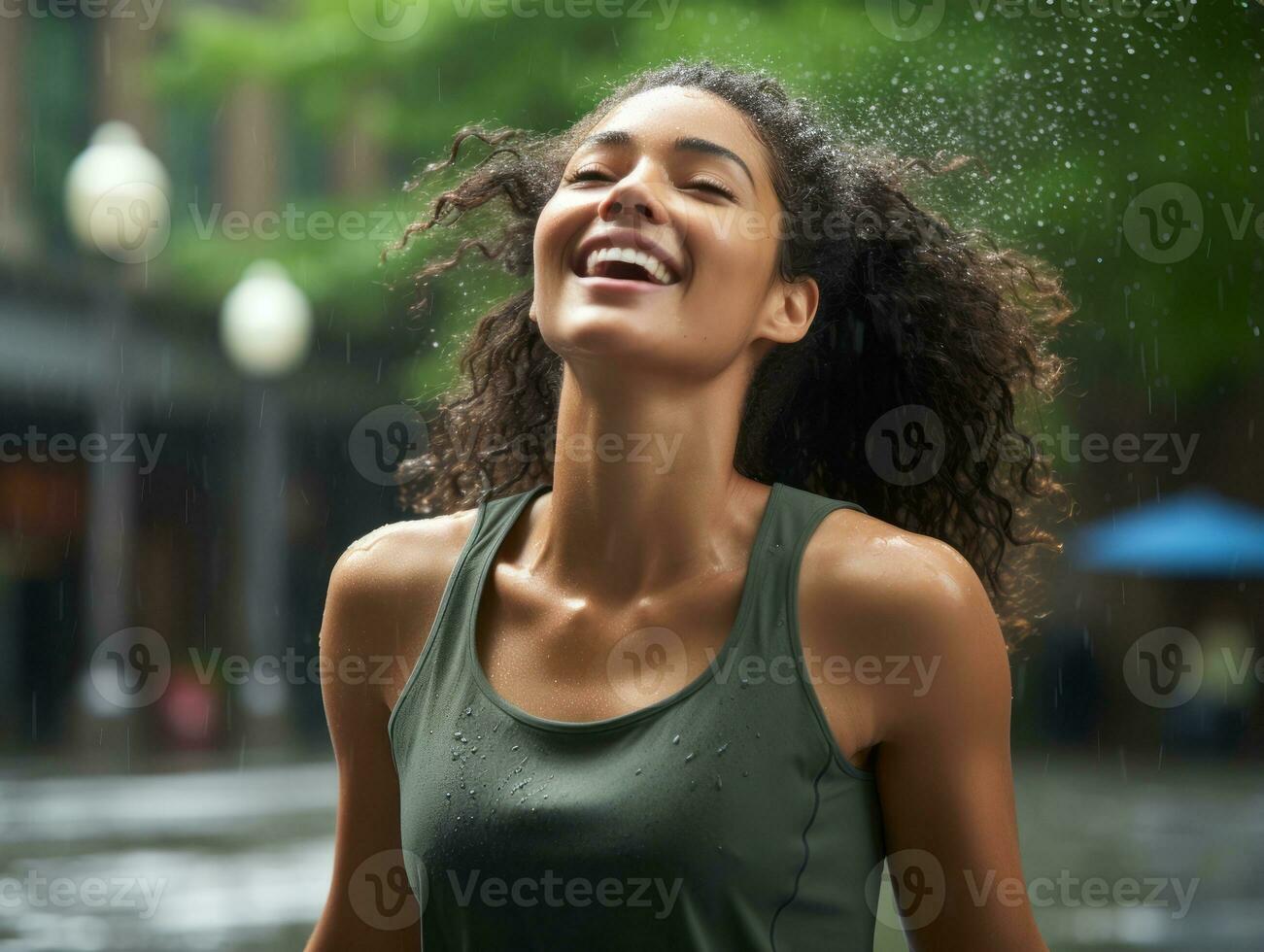 Carefree woman joyfully dances in the refreshing rain AI Generative photo