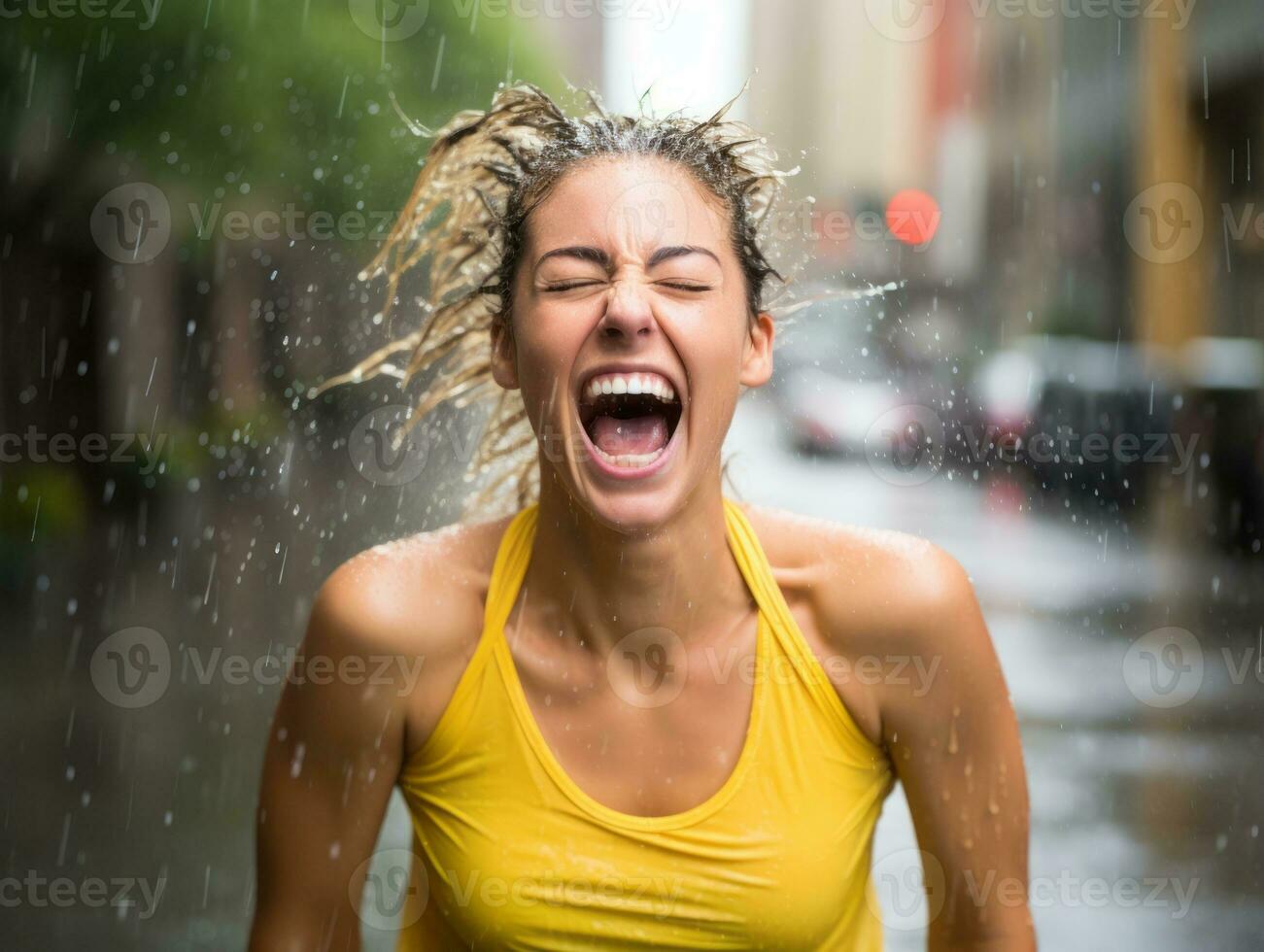 Carefree woman joyfully dances in the refreshing rain AI Generative photo