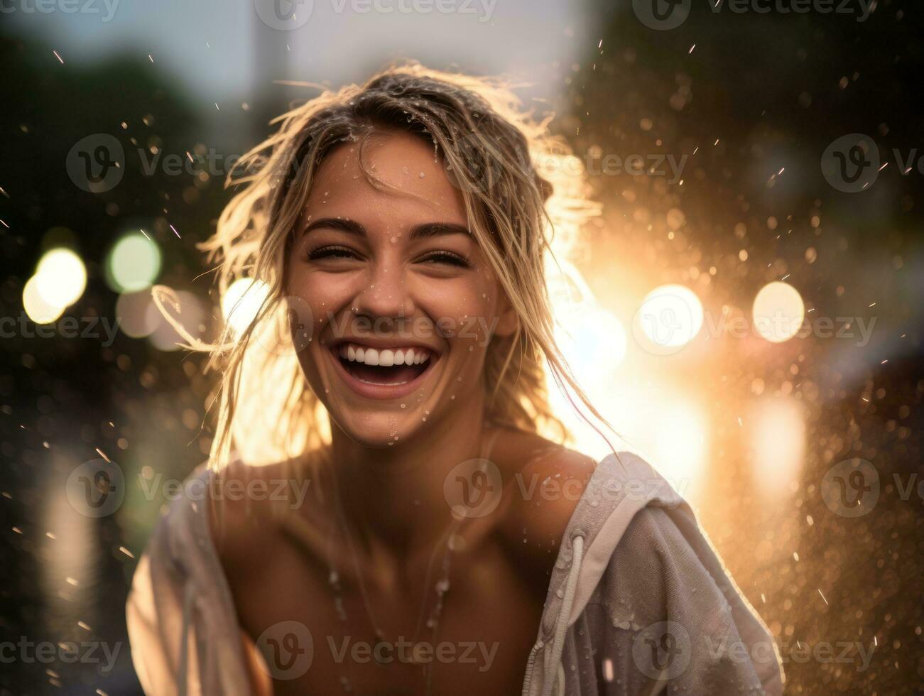 despreocupado mujer alegremente bailes en el refrescante lluvia ai generativo foto
