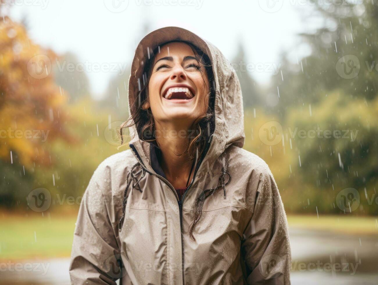Carefree woman joyfully dances in the refreshing rain AI Generative photo