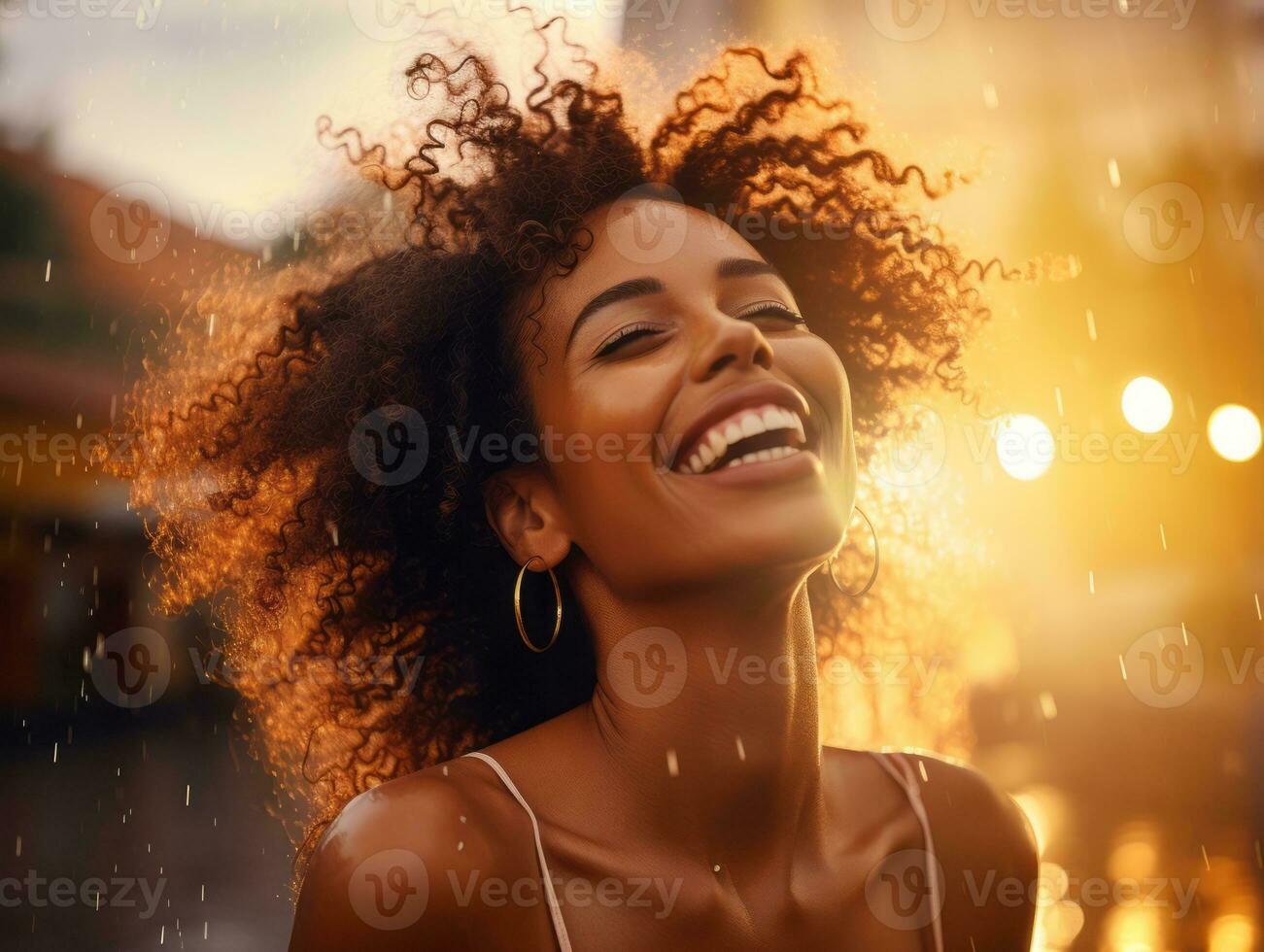 Carefree woman joyfully dances in the refreshing rain AI Generative photo