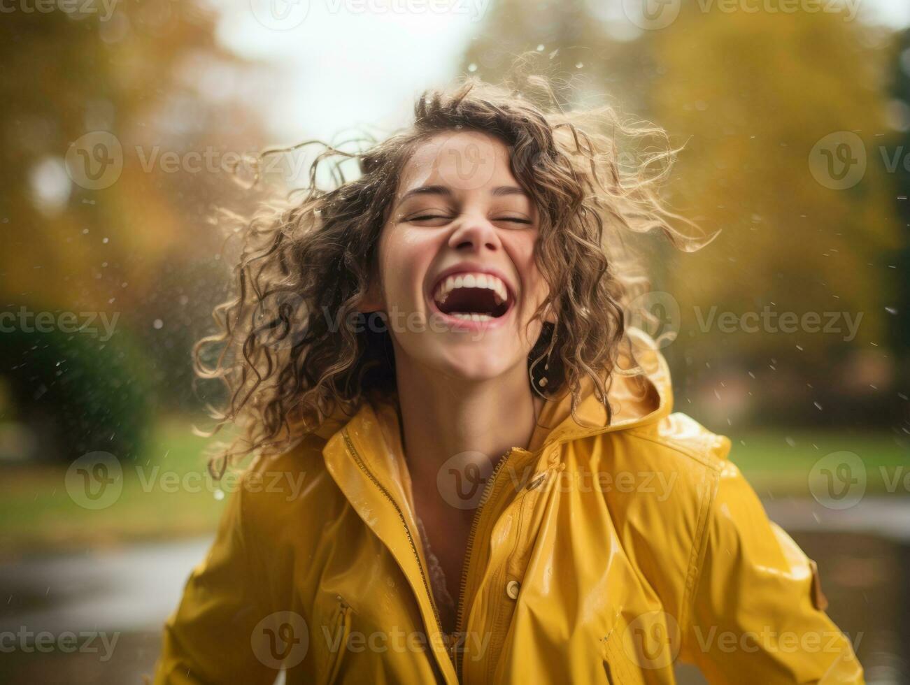 Carefree woman joyfully dances in the refreshing rain AI Generative photo