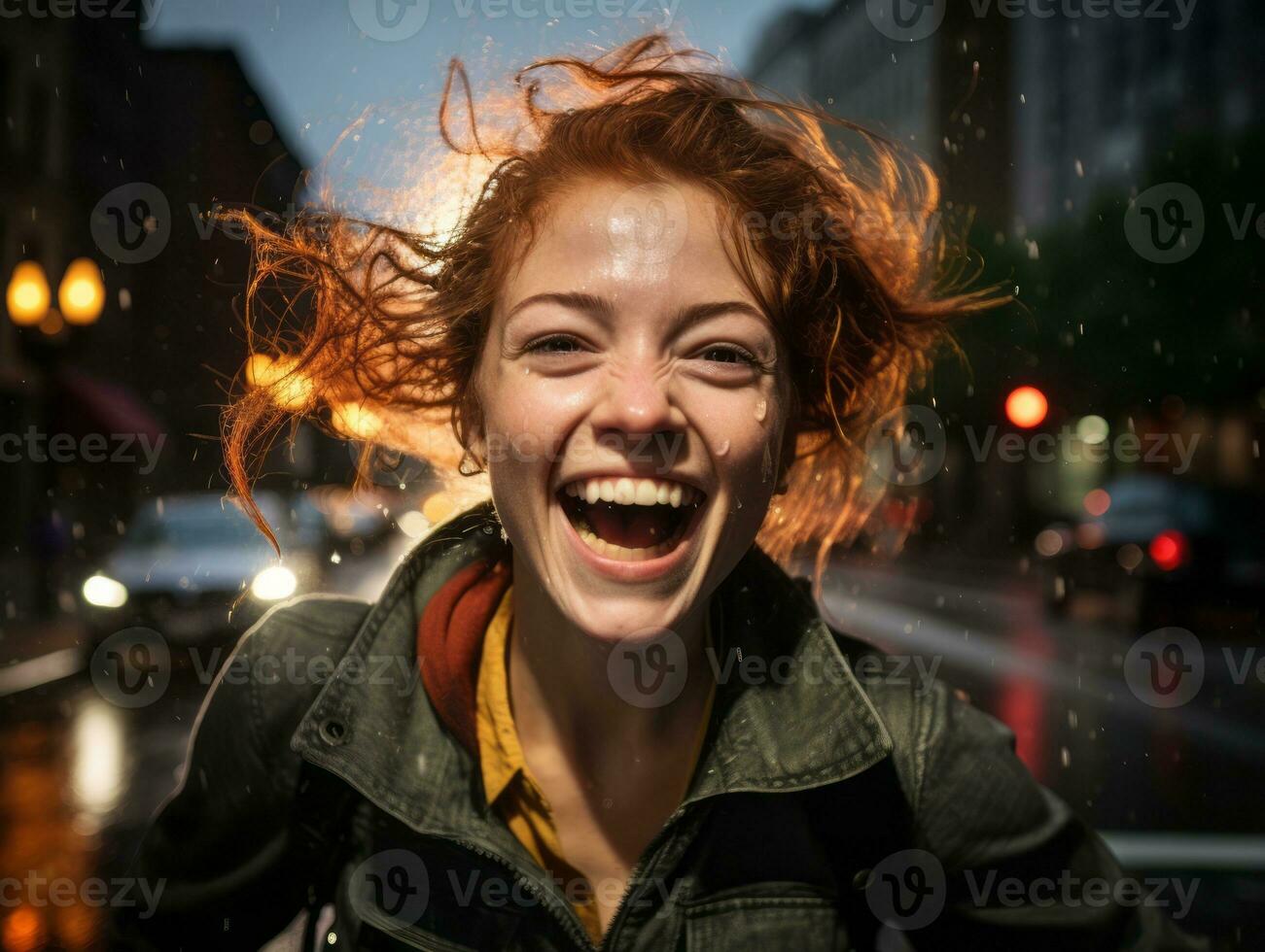 Carefree woman joyfully dances in the refreshing rain AI Generative photo