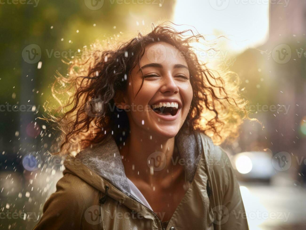 Carefree woman joyfully dances in the refreshing rain AI Generative photo