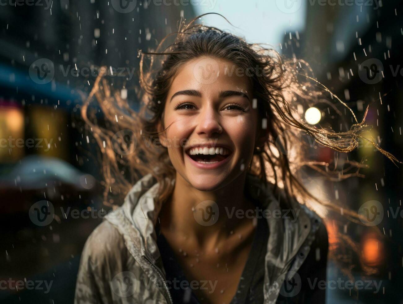 Carefree woman joyfully dances in the refreshing rain AI Generative photo
