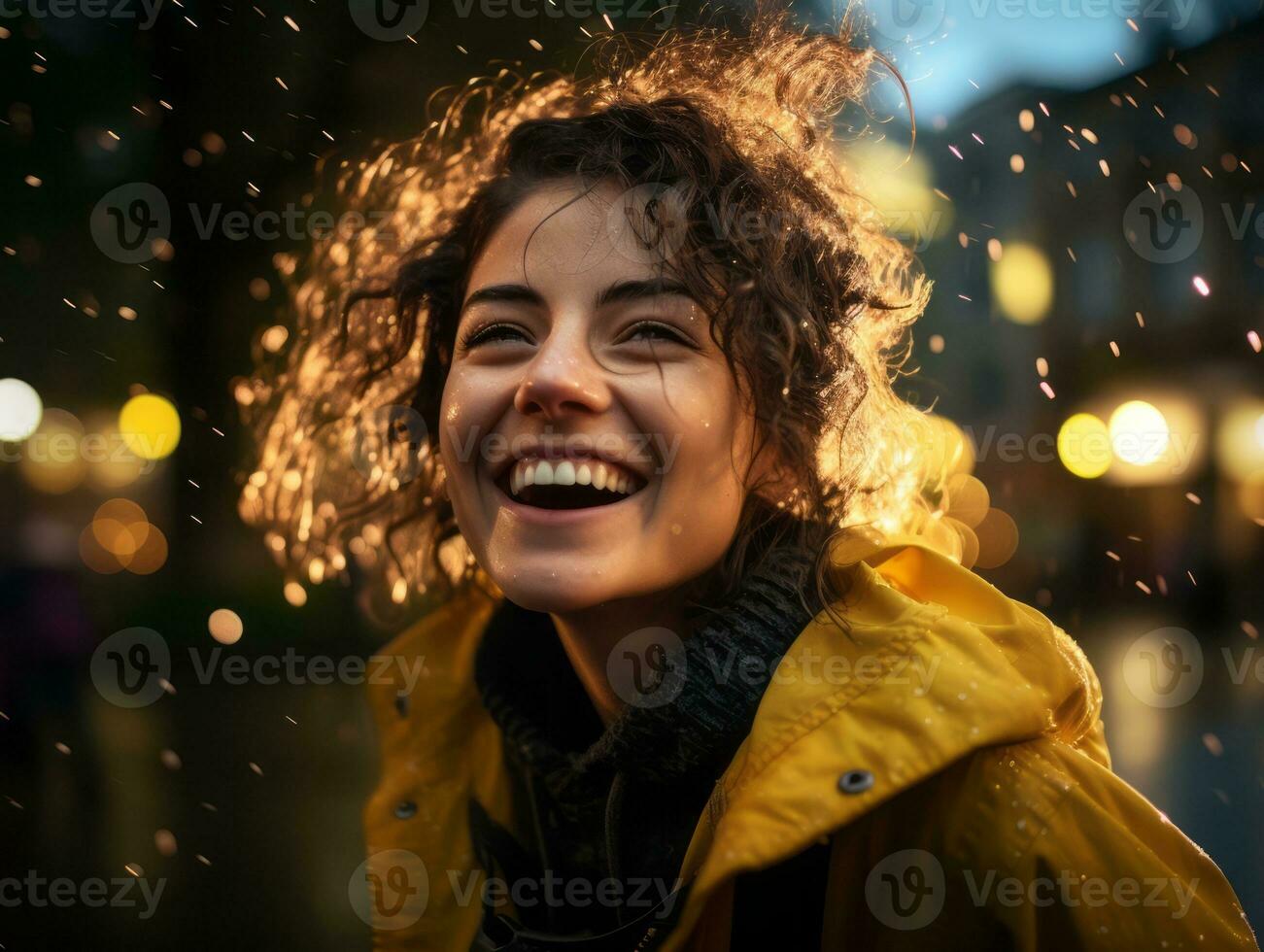 Carefree woman joyfully dances in the refreshing rain AI Generative photo