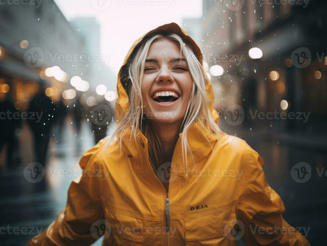 Carefree woman joyfully dances in the refreshing rain AI Generative photo