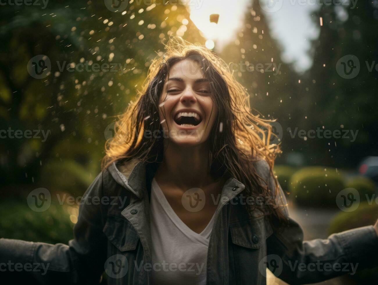 Carefree woman joyfully dances in the refreshing rain AI Generative photo