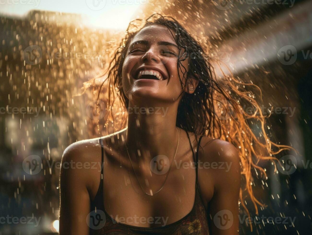 Carefree woman joyfully dances in the refreshing rain AI Generative photo