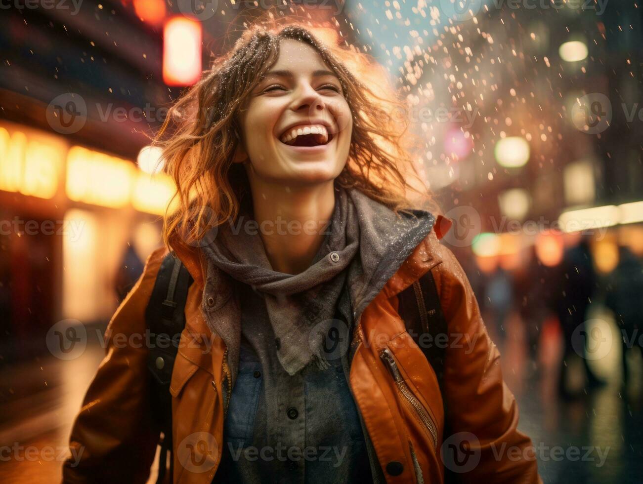 Carefree woman joyfully dances in the refreshing rain AI Generative photo