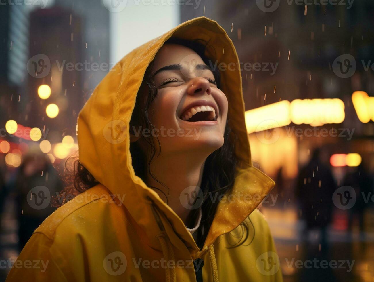 Carefree woman joyfully dances in the refreshing rain AI Generative photo