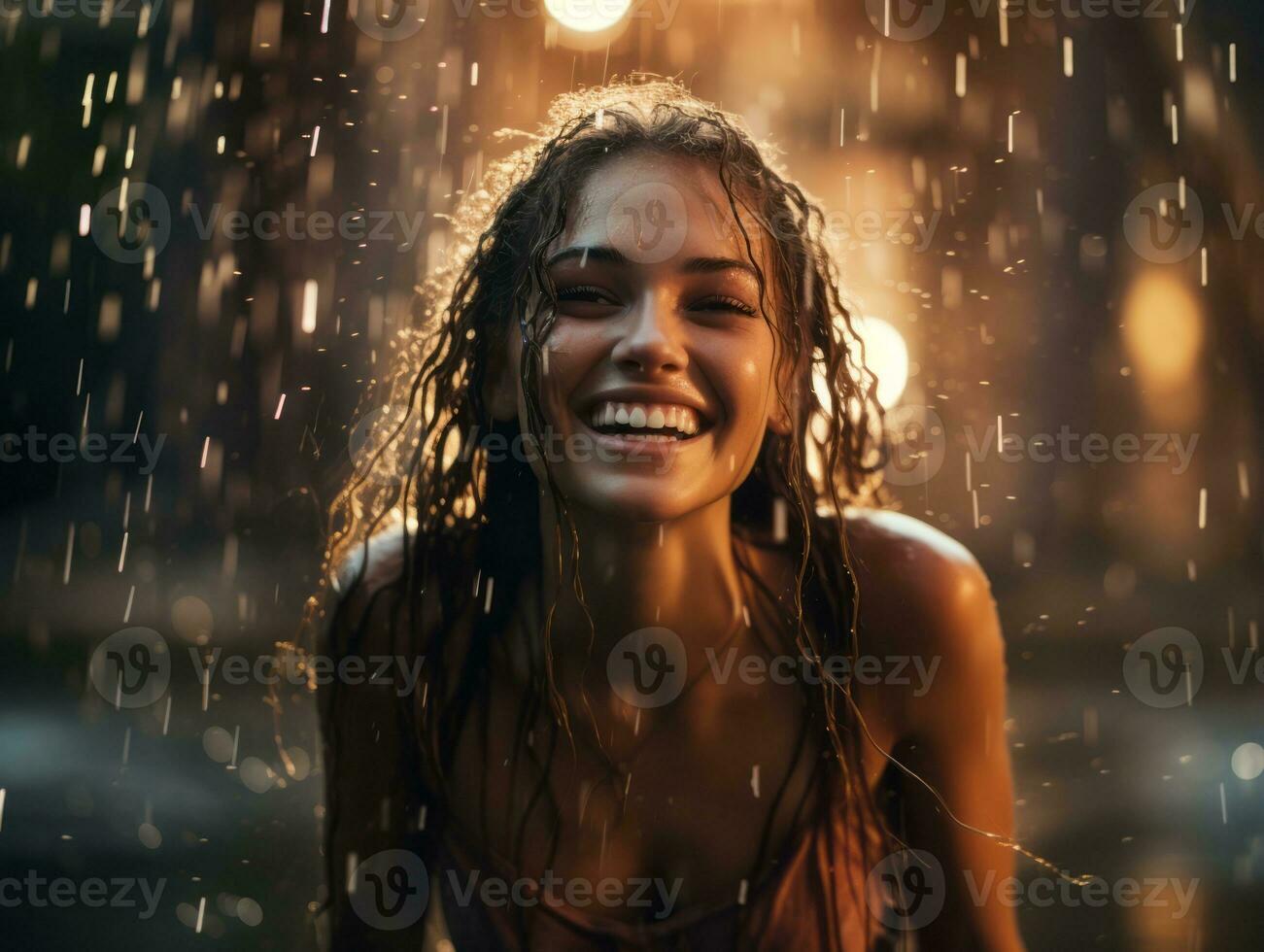 despreocupado mujer alegremente bailes en el refrescante lluvia ai generativo foto