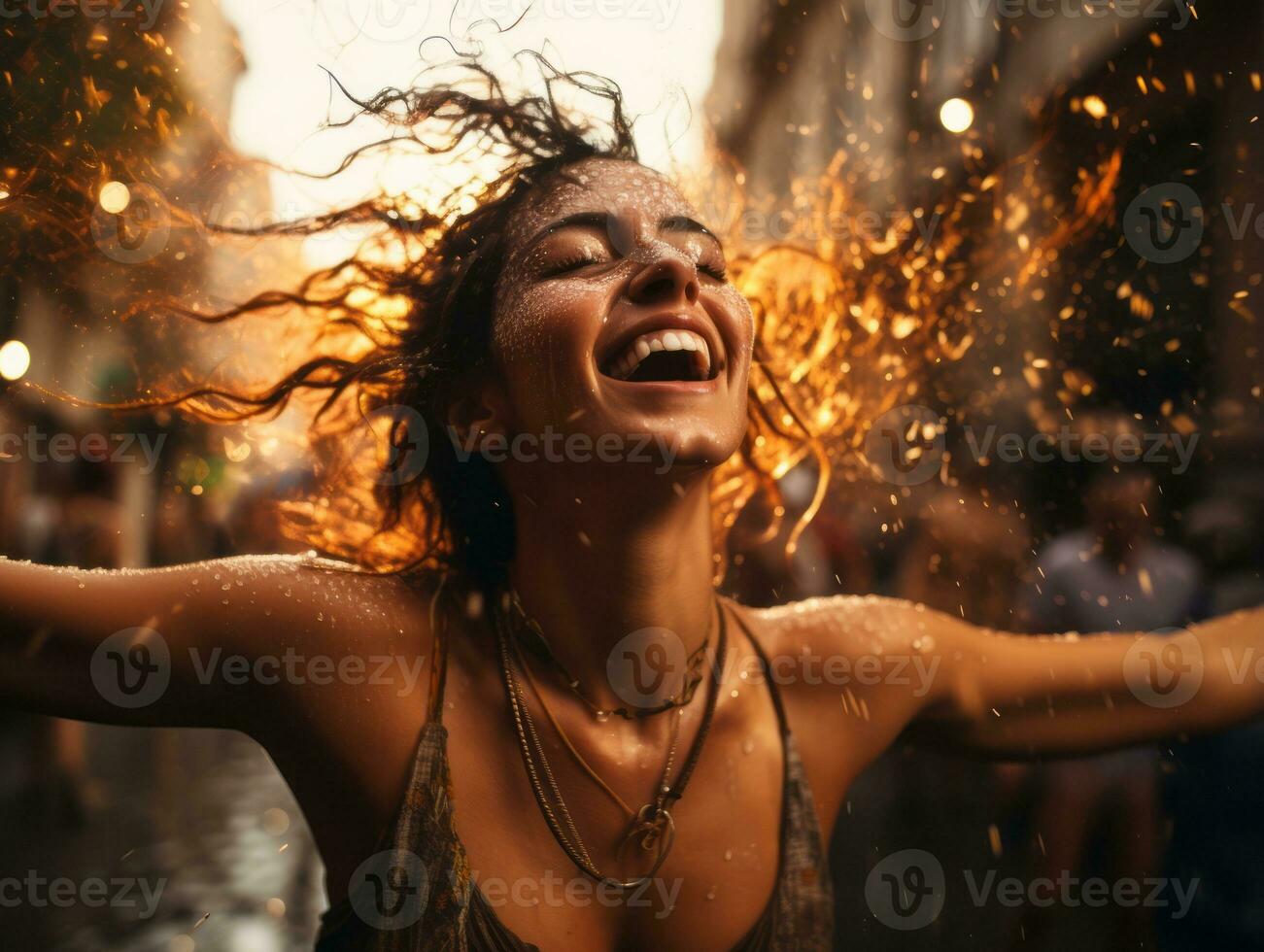 despreocupado mujer alegremente bailes en el refrescante lluvia ai generativo foto